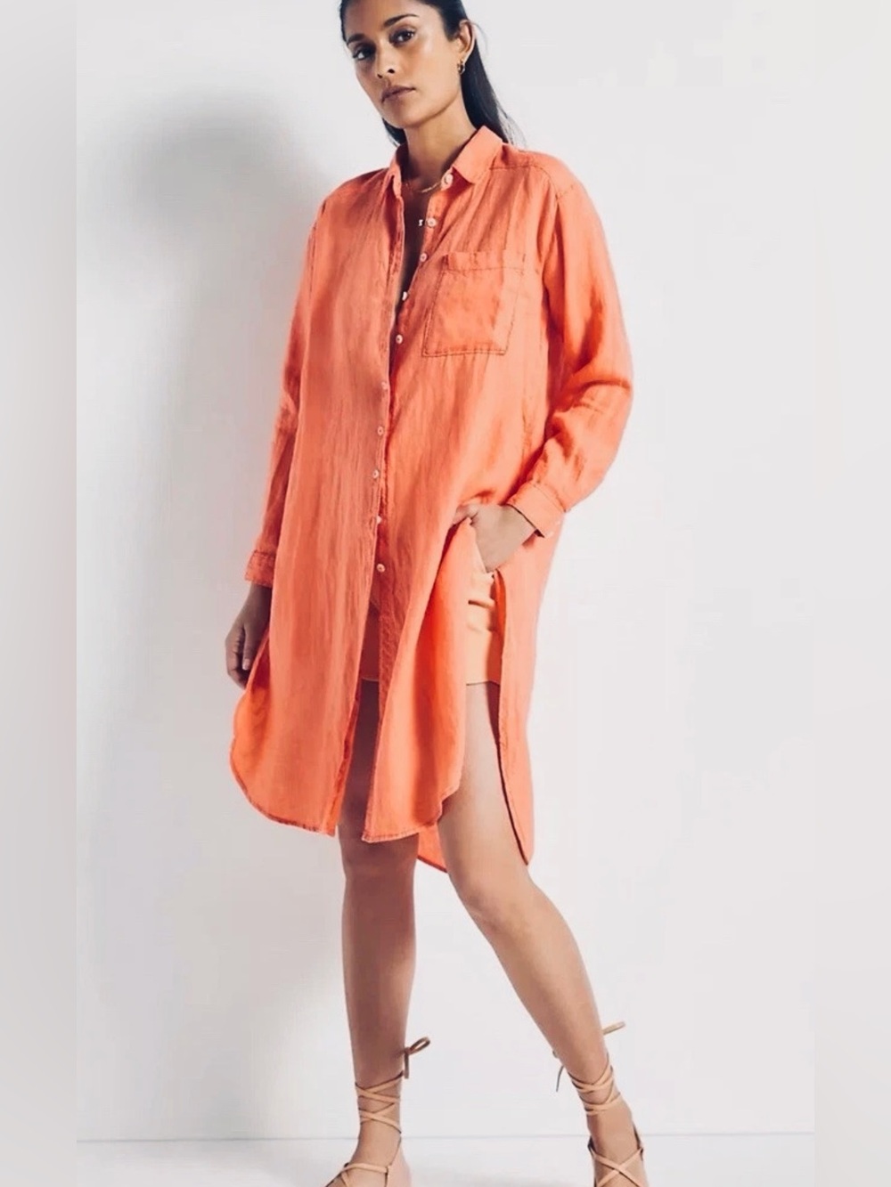 NEW! Anthropologie Linen Tunic Buttondown in Vibrant Coral size M